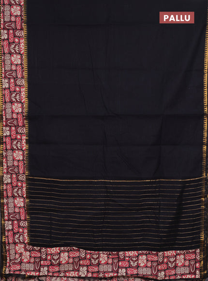 Semi mangalagiri cotton saree black with plain body and long zari woven kalamkari printed border & blouse