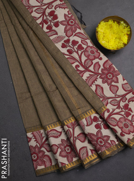 Semi mangalagiri cotton saree chiku and beige with plain body and long zari woven kalamkari printed border & blouse