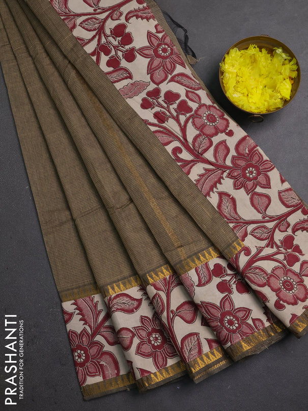 Mangalagiri cotton saree chiku and beige with plain body and long zari woven kalamkari printed border & blouse
