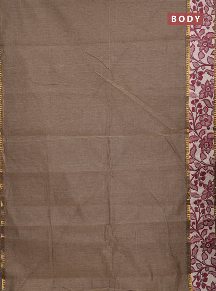 Semi mangalagiri cotton saree chiku and beige with plain body and long zari woven kalamkari printed border & blouse