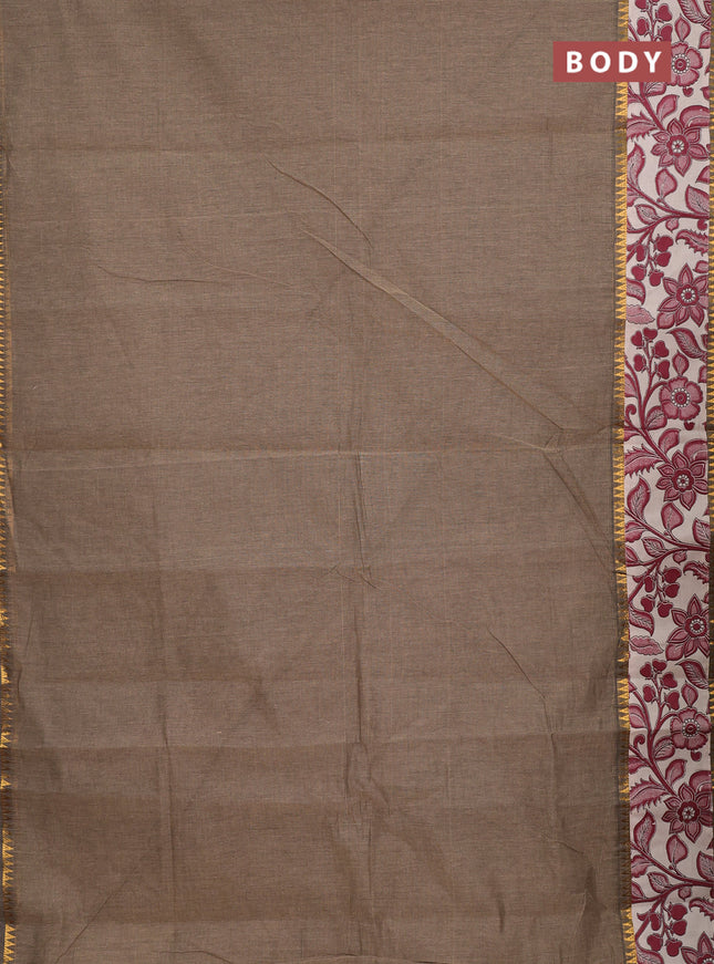Mangalagiri cotton saree chiku and beige with plain body and long zari woven kalamkari printed border & blouse