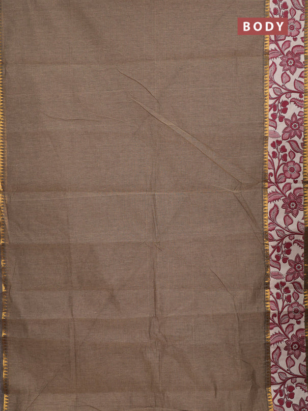 Mangalagiri cotton saree chiku and beige with plain body and long zari woven kalamkari printed border & blouse