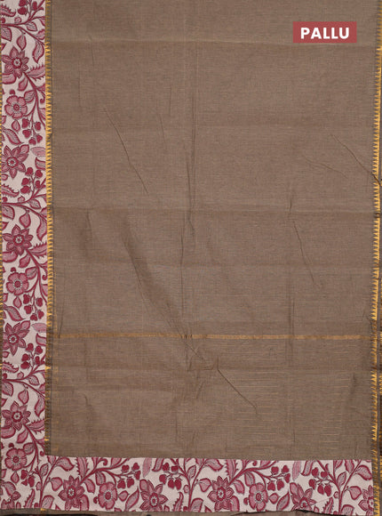 Semi mangalagiri cotton saree chiku and beige with plain body and long zari woven kalamkari printed border & blouse