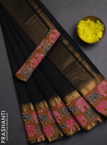 Semi mangalagiri cotton saree black and brown with plain body and long zari woven kalamkari printed border & blouse