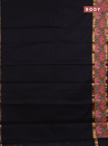 Semi mangalagiri cotton saree black and brown with plain body and long zari woven kalamkari printed border & blouse