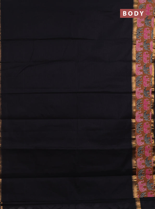 Mangalagiri cotton saree black and brown with plain body and long zari woven kalamkari printed border & blouse