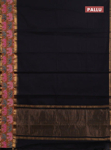 Semi mangalagiri cotton saree black and brown with plain body and long zari woven kalamkari printed border & blouse