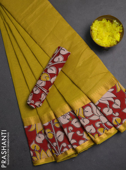 Semi mangalagiri cotton saree mustard yellow and maroon with plain body and long zari woven kalamkari printed border & blouse