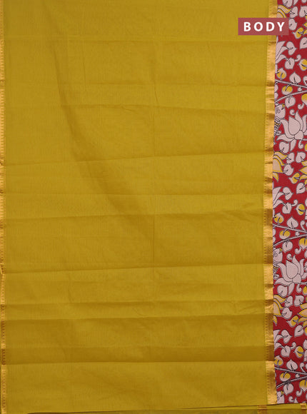 Semi mangalagiri cotton saree mustard yellow and maroon with plain body and long zari woven kalamkari printed border & blouse