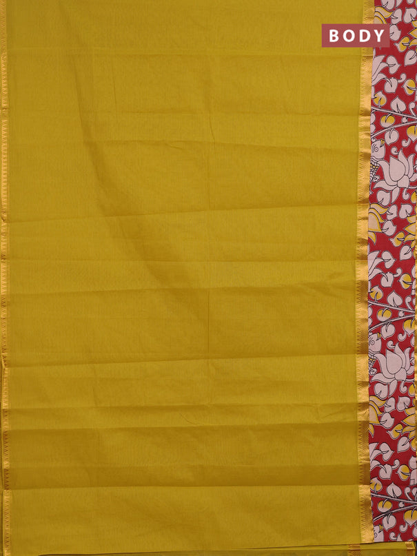 Mangalagiri cotton saree mustard yellow and maroon with plain body and long zari woven kalamkari printed border & blouse