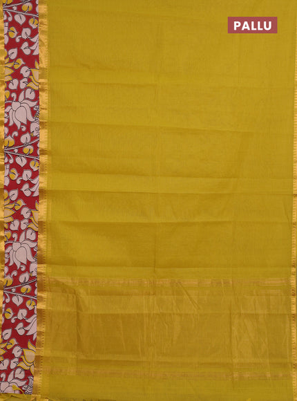 Semi mangalagiri cotton saree mustard yellow and maroon with plain body and long zari woven kalamkari printed border & blouse