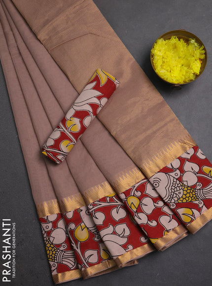Semi mangalagiri cotton saree rosy brown and maroon with plain body and long zari woven kalamkari printed border & blouse