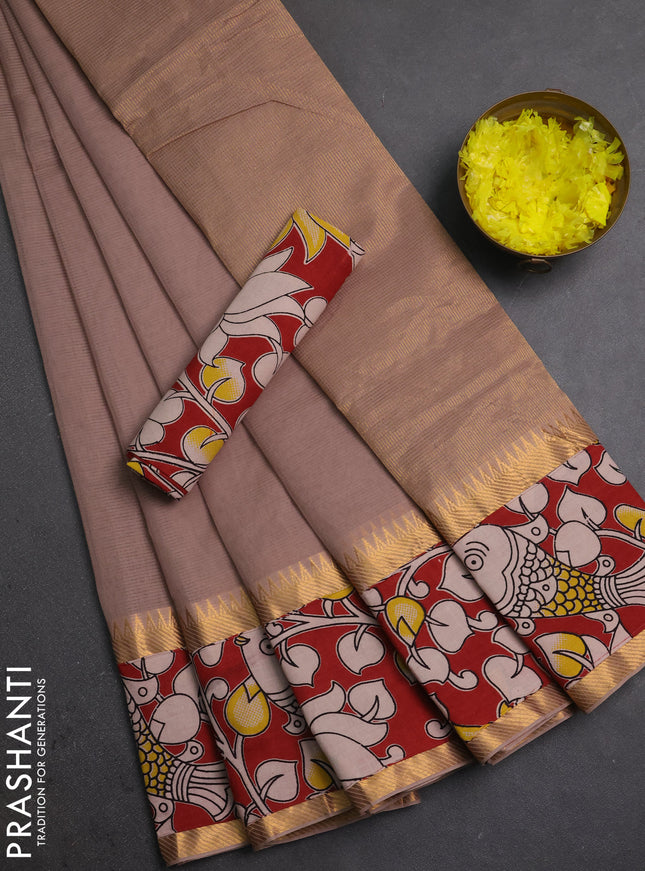 Mangalagiri cotton saree rosy brown and maroon with plain body and long zari woven kalamkari printed border & blouse