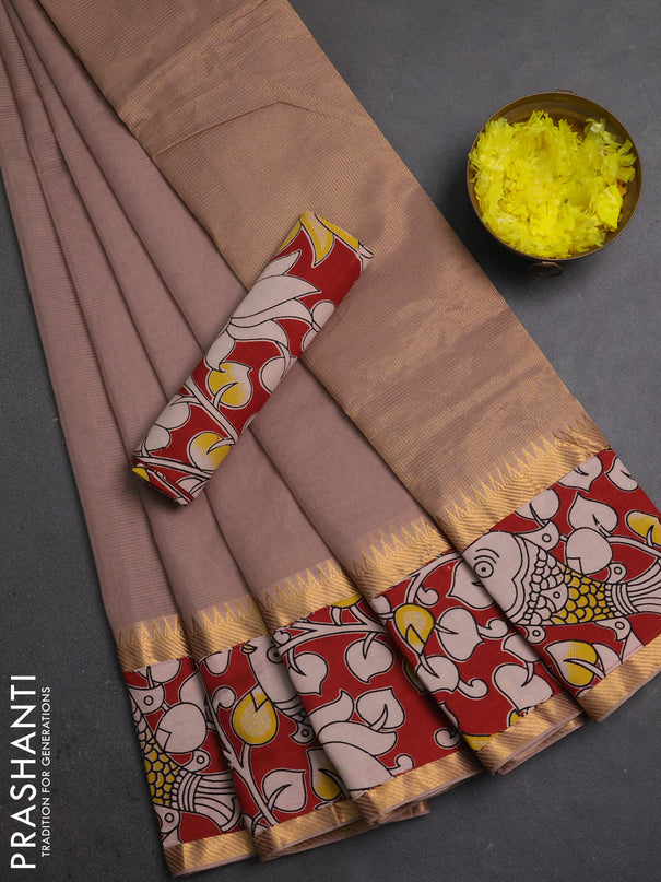 Mangalagiri cotton saree rosy brown and maroon with plain body and long zari woven kalamkari printed border & blouse