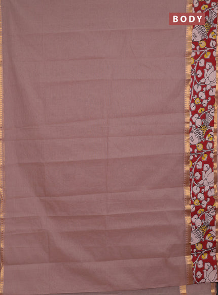 Semi mangalagiri cotton saree rosy brown and maroon with plain body and long zari woven kalamkari printed border & blouse