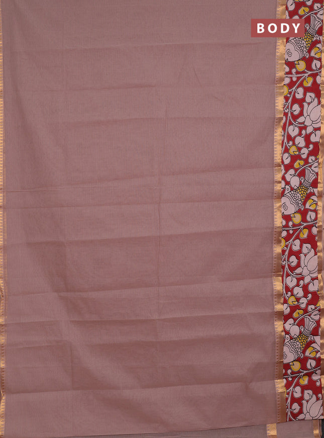 Mangalagiri cotton saree rosy brown and maroon with plain body and long zari woven kalamkari printed border & blouse