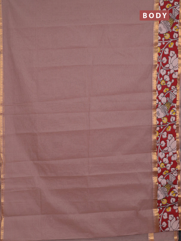 Mangalagiri cotton saree rosy brown and maroon with plain body and long zari woven kalamkari printed border & blouse