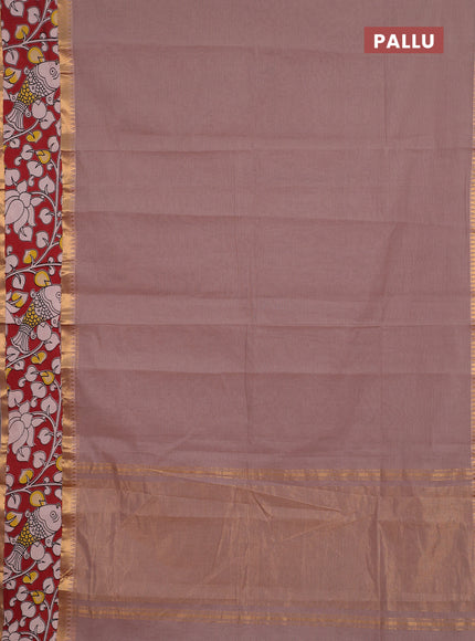 Semi mangalagiri cotton saree rosy brown and maroon with plain body and long zari woven kalamkari printed border & blouse