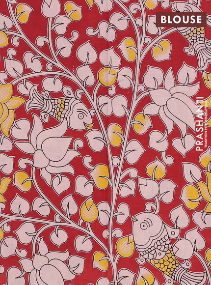 Semi mangalagiri cotton saree rosy brown and maroon with plain body and long zari woven kalamkari printed border & blouse