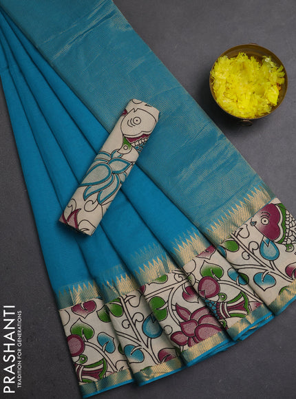 Semi mangalagiri cotton saree teal blue and beige with plain body and long zari woven kalamkari printed border & blouse