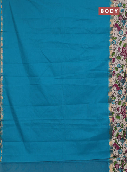 Semi mangalagiri cotton saree teal blue and beige with plain body and long zari woven kalamkari printed border & blouse