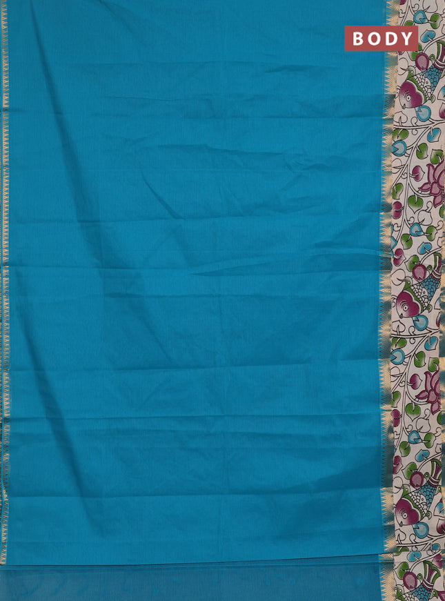 Mangalagiri cotton saree teal blue and beige with plain body and long zari woven kalamkari printed border & blouse