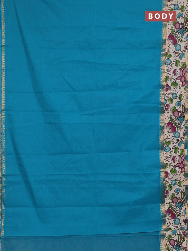 Mangalagiri cotton saree teal blue and beige with plain body and long zari woven kalamkari printed border & blouse