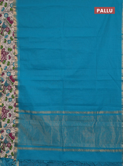 Semi mangalagiri cotton saree teal blue and beige with plain body and long zari woven kalamkari printed border & blouse
