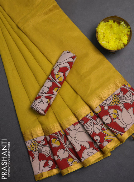 Semi mangalagiri cotton saree lime yellow and maroon with plain body and long zari woven kalamkari printed border & blouse