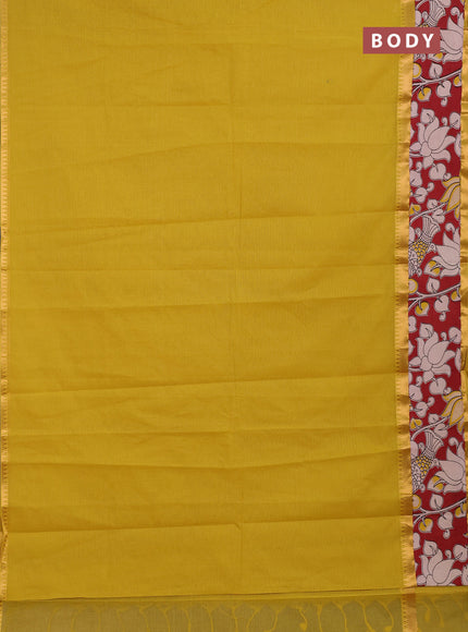 Semi mangalagiri cotton saree lime yellow and maroon with plain body and long zari woven kalamkari printed border & blouse