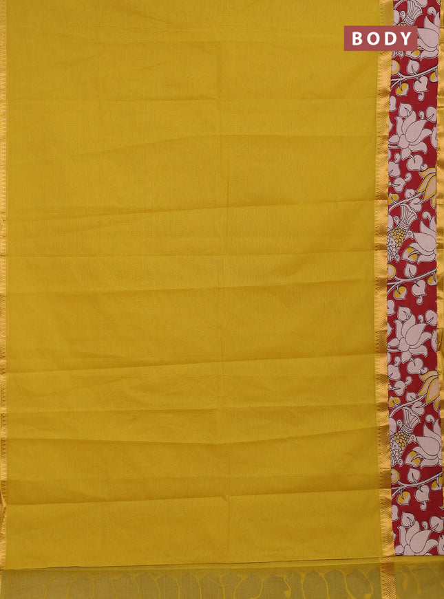 Mangalagiri cotton saree lime yellow and maroon with plain body and long zari woven kalamkari printed border & blouse