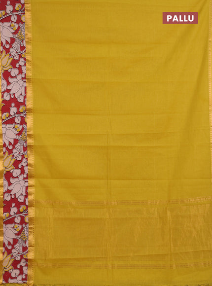 Semi mangalagiri cotton saree lime yellow and maroon with plain body and long zari woven kalamkari printed border & blouse