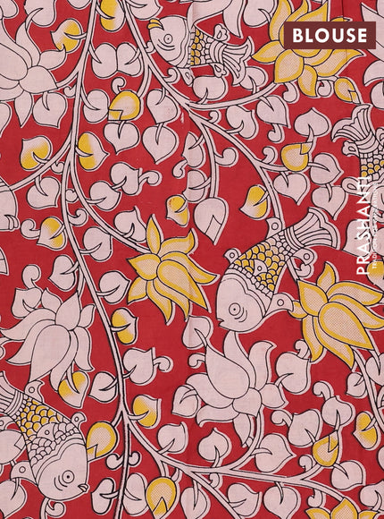 Semi mangalagiri cotton saree lime yellow and maroon with plain body and long zari woven kalamkari printed border & blouse