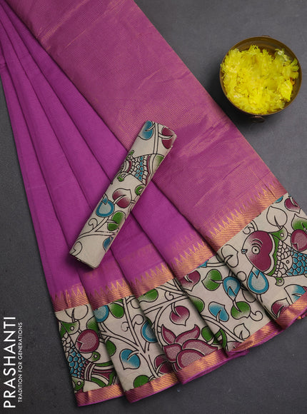 Semi mangalagiri cotton saree mild purple and beige with plain body and long zari woven kalamkari printed border & blouse