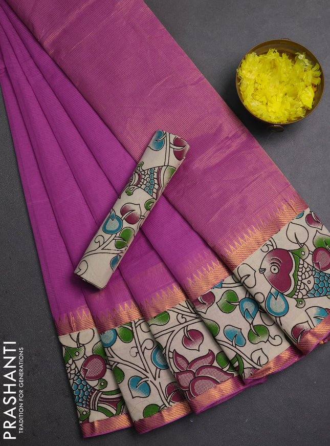 Mangalagiri cotton saree mild purple and beige with plain body and long zari woven kalamkari printed border & blouse
