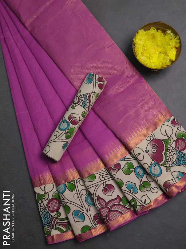 Mangalagiri cotton saree mild purple and beige with plain body and long zari woven kalamkari printed border & blouse