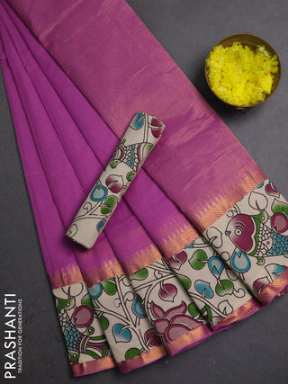 Mangalagiri cotton saree mild purple and beige with plain body and long zari woven kalamkari printed border & blouse