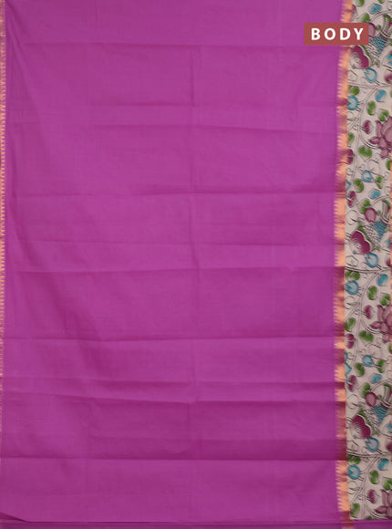 Semi mangalagiri cotton saree mild purple and beige with plain body and long zari woven kalamkari printed border & blouse