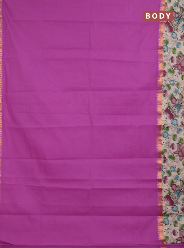 Mangalagiri cotton saree mild purple and beige with plain body and long zari woven kalamkari printed border & blouse