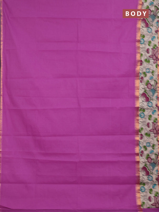 Mangalagiri cotton saree mild purple and beige with plain body and long zari woven kalamkari printed border & blouse