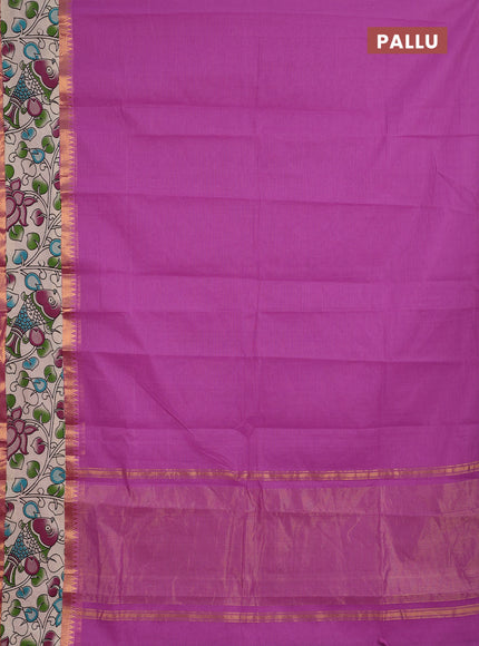 Semi mangalagiri cotton saree mild purple and beige with plain body and long zari woven kalamkari printed border & blouse