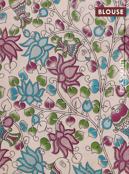 Semi mangalagiri cotton saree mild purple and beige with plain body and long zari woven kalamkari printed border & blouse