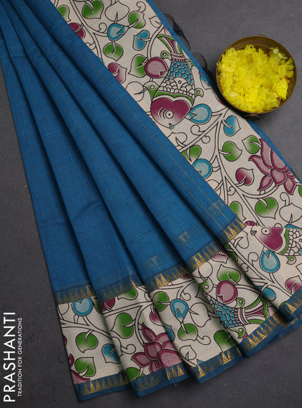 Semi mangalagiri cotton saree peacock blue and beige with plain body and long zari woven kalamkari printed border & blouse