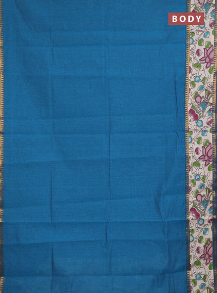 Semi mangalagiri cotton saree peacock blue and beige with plain body and long zari woven kalamkari printed border & blouse