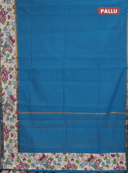 Semi mangalagiri cotton saree peacock blue and beige with plain body and long zari woven kalamkari printed border & blouse