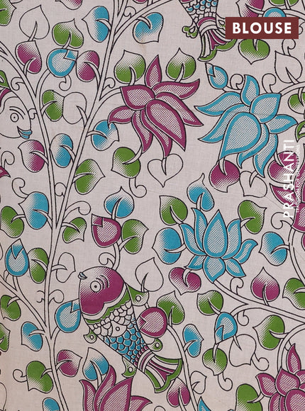 Semi mangalagiri cotton saree peacock blue and beige with plain body and long zari woven kalamkari printed border & blouse