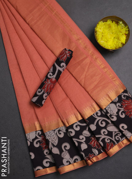Semi mangalagiri cotton saree peach and black with plain body and long zari woven kalamkari printed border & blouse