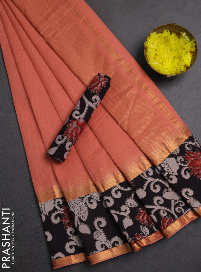 Mangalagiri cotton saree peach and black with plain body and long zari woven kalamkari printed border & blouse