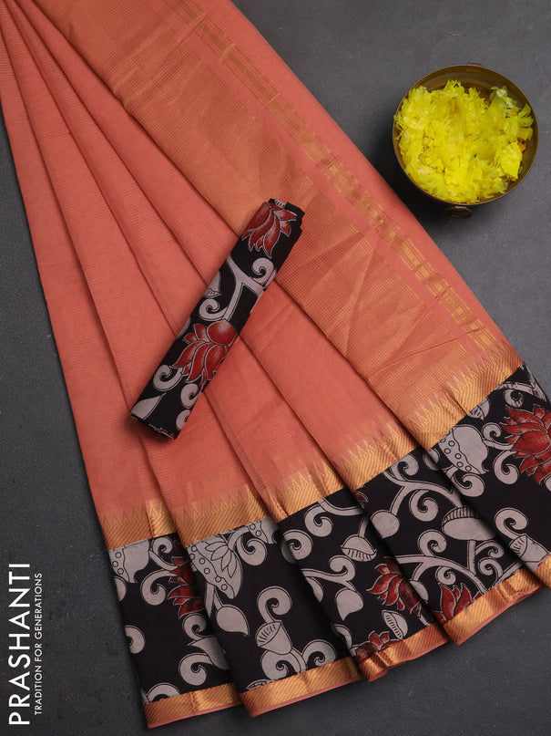 Mangalagiri cotton saree peach and black with plain body and long zari woven kalamkari printed border & blouse