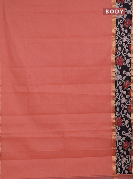 Semi mangalagiri cotton saree peach and black with plain body and long zari woven kalamkari printed border & blouse